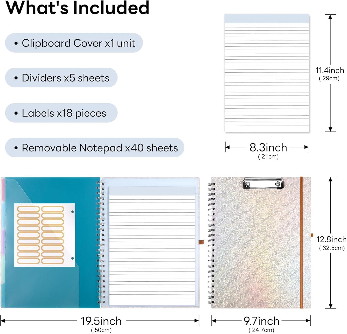 Glitter Clipboard Notebook with Storage for Letter Size, 8.5 x 11 Notepad Holder with 5 Folders and Dividers, Size 12.8X 9.7 in, Spiral Portfolio for Nursing Teacher School Supplies,.Teal