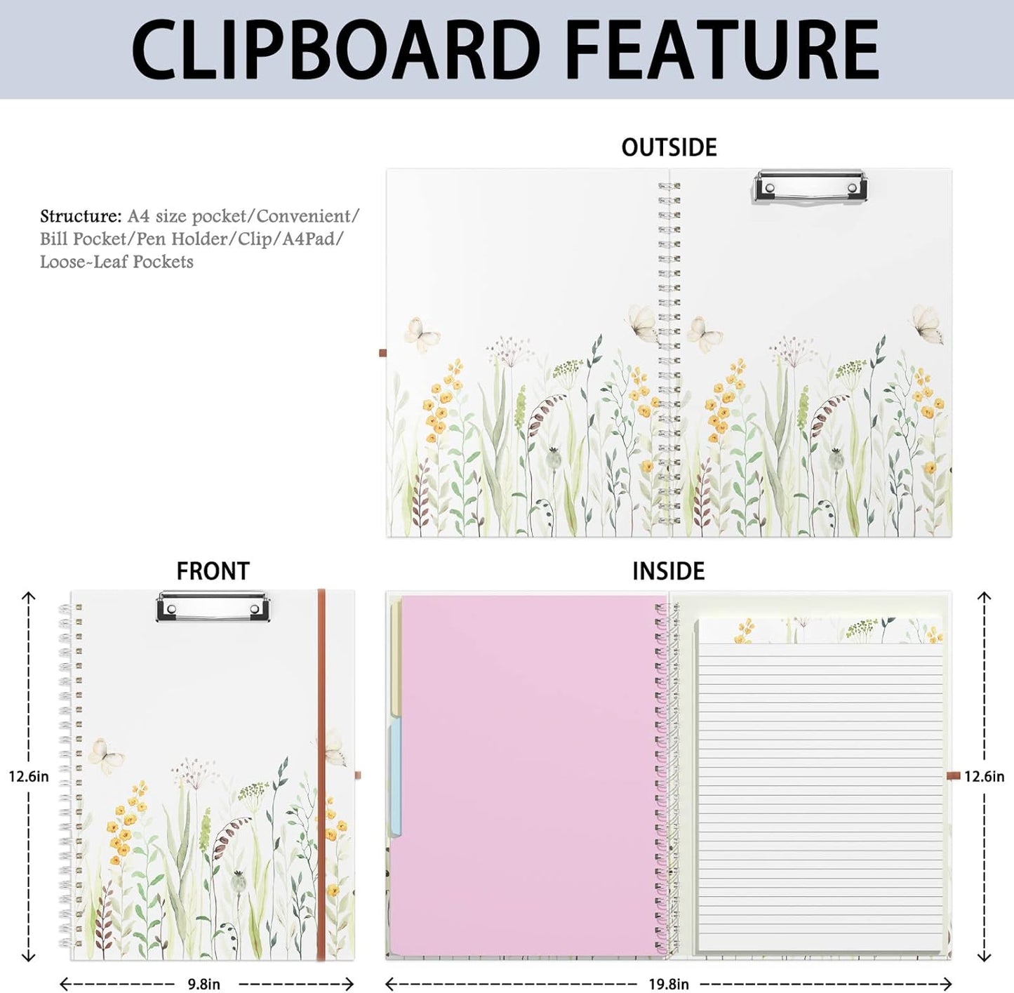 Rimilak Spiral Clipboards Folio with Refillable Lined Notepad, 14.5 x 9.8 In, Hardcover Cover with 5 Interior Pockets, Elastic Band and Pen Loop Series. Cute Stylish Clipfolio, Daisy Flower