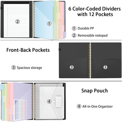 SKYDUE Clipboard Folder with Storage, 6 Dividers with 12 Pockets for Letter Size, Storage Clipboard Folio with Refillable Notepad, Spiral Clipboards Padfolio for Teacher Worker Nurse