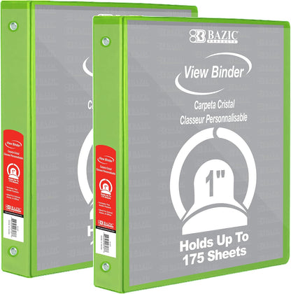 BAZIC Products 3 Ring Binder - Green, Economy View Binder with Clear Overlay Cover and Round Rings, Organizer for School Office Home Use, 1-inch Capacity Holds 175 Sheets Paper, 12-Pack