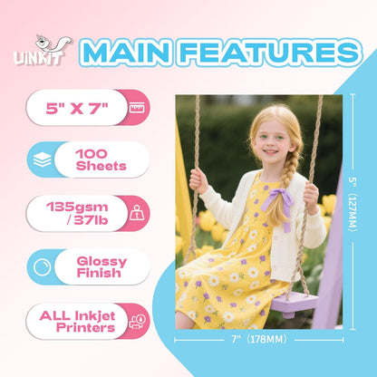 Uinkit 37lb Thin Flyer Paper Glossy 8.5x11 Inkjet 100 Sheets Single Side DIY Chip Bag 135gsm Printer Picture for Inkjet Printer with Dye Ink Letter size A4 Brochure (8.5X11X100)