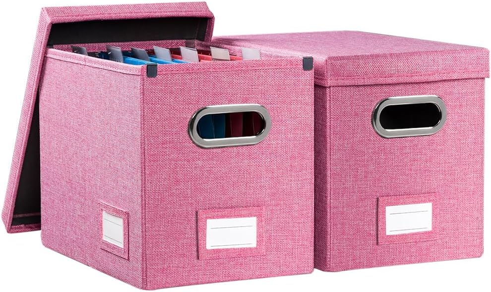 PRANDOM File Organizer Box - Collapsible Decorative Linen Filing Storage with Lids for Letter Size - Grey (14x9.3x10.8 inch)