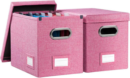 PRANDOM File Organizer Box - Collapsible Decorative Linen Filing Storage with Lids for Letter Size - Grey (14x9.3x10.8 inch)