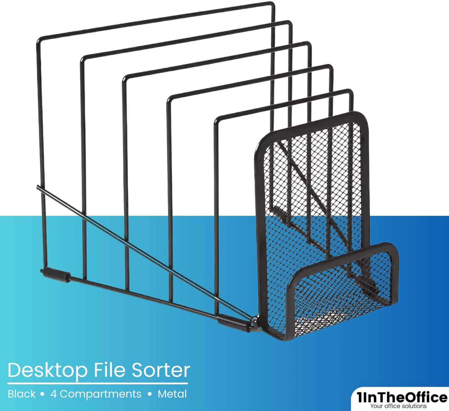 1InTheOffice Metal Incline Desktop File Sorter, Black Wire Mesh Step Sorter, 6 Compartments