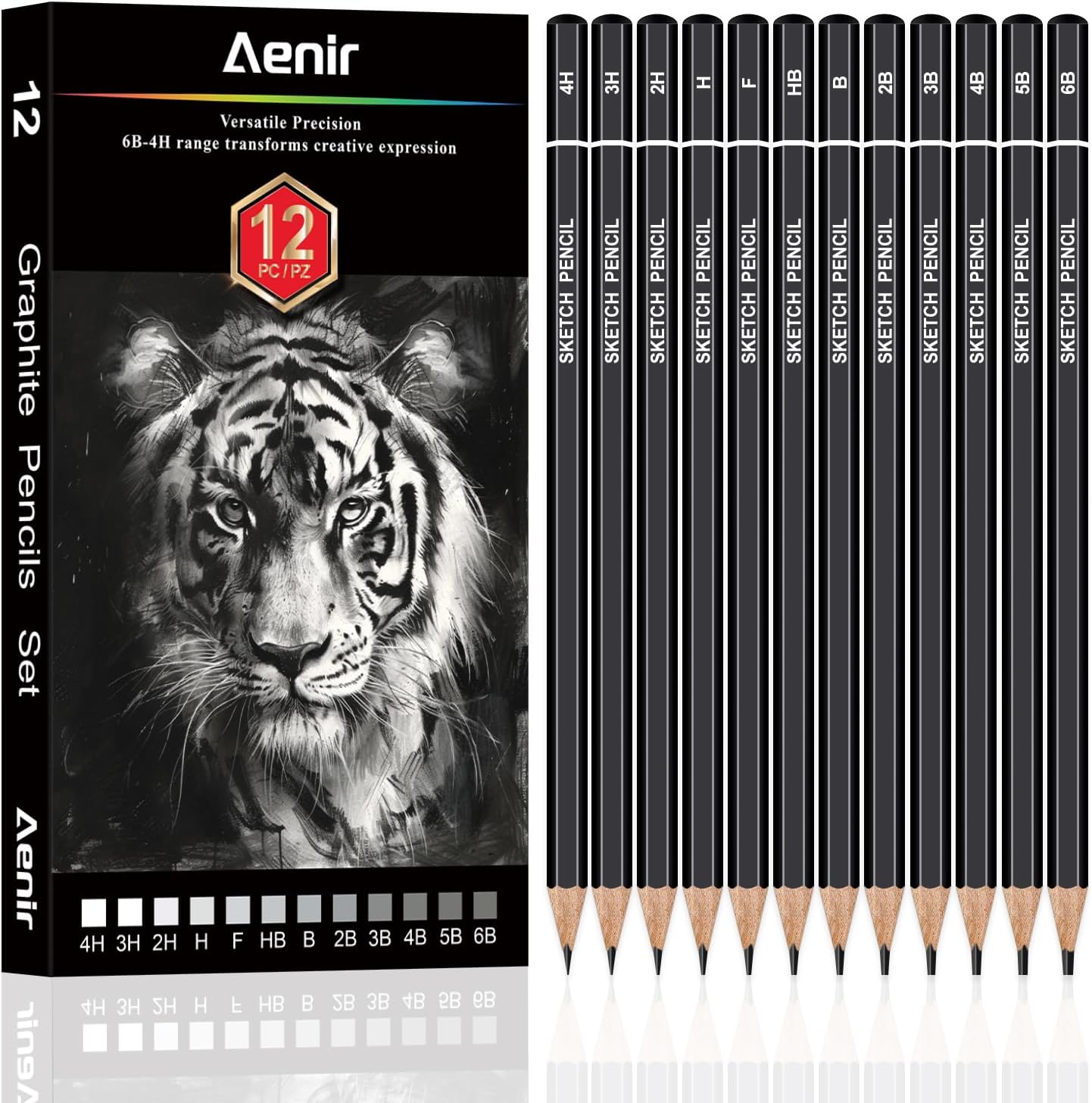 Aenir Sketch Pencils for Drawing, Set of 12 Drawing Pencils for Sketching Medium (6B - 4H), Artist Graphite Pencils, Sketch Set for Artists for Sketching Supplies, Art Supplies.