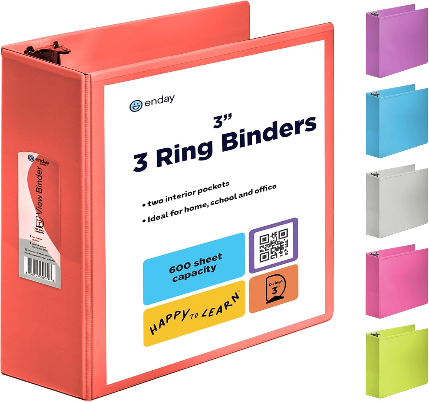 3 Inch Binder 3 Ring Binders Green, Slant D-Ring 3” Clear View Cover with 2 Inside Pockets, Heavy Duty Colored School Supplies Office and Home Binders – By Enday
