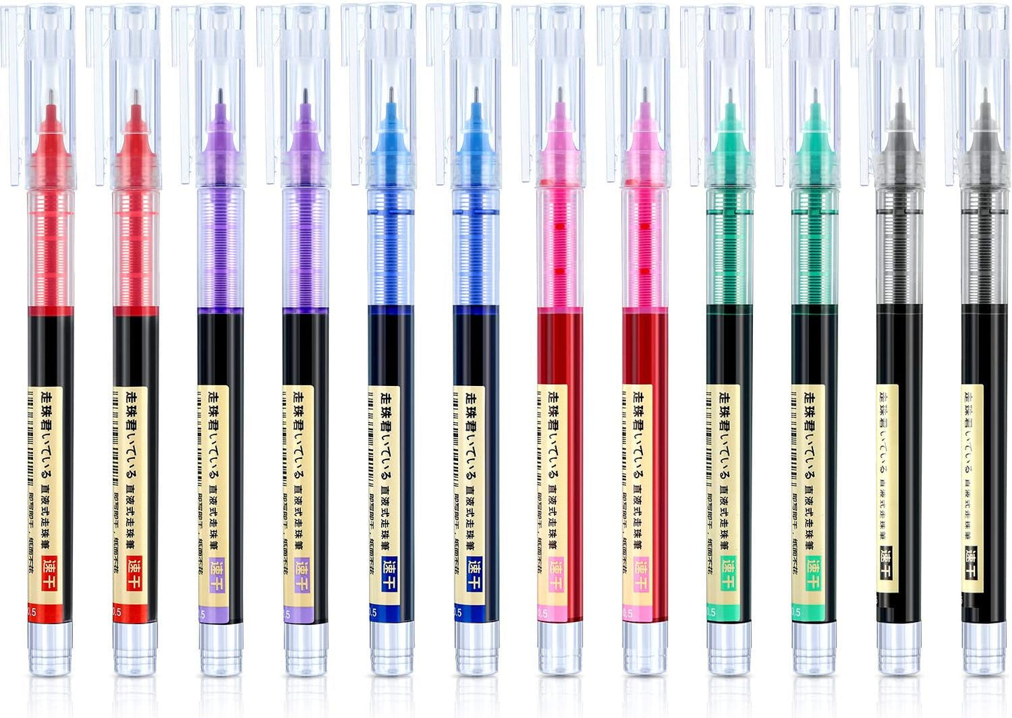 Frienda 12 Pieces Rolling Ball Pens 0.5 mm Japanese Quick Drying Fine Point Pens Liquid Ink Smooth Writing for Office Student Back to School Supplies(Multicolor)