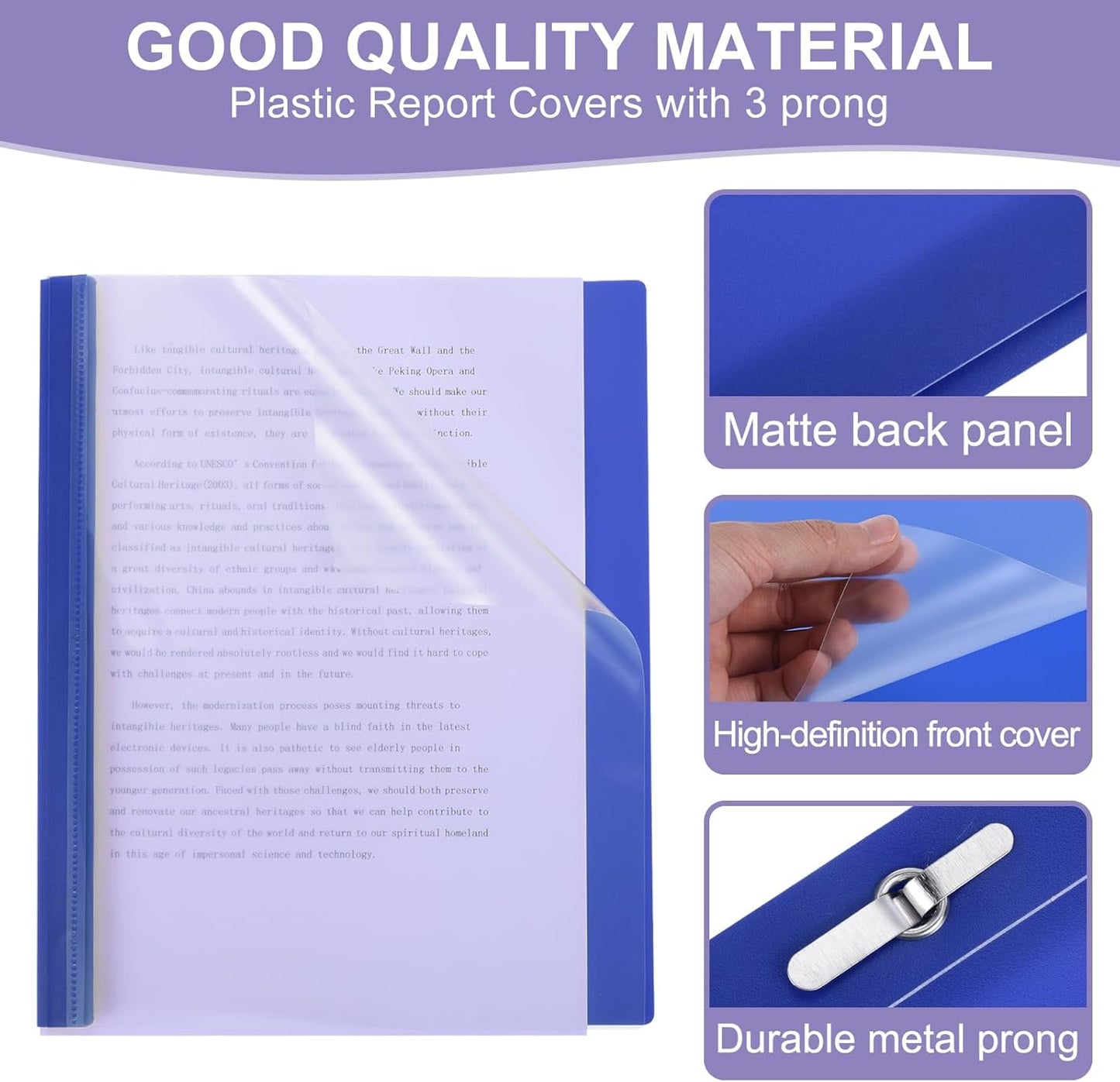 PATIKIL Plastic Report Covers with Prong, 10 Pcs 80 Sheet Capacity Clear Front Presentation Binders with 3 Metal Prong Fasteners Report Folder for Resume Documents Files Letter, Dark Blue