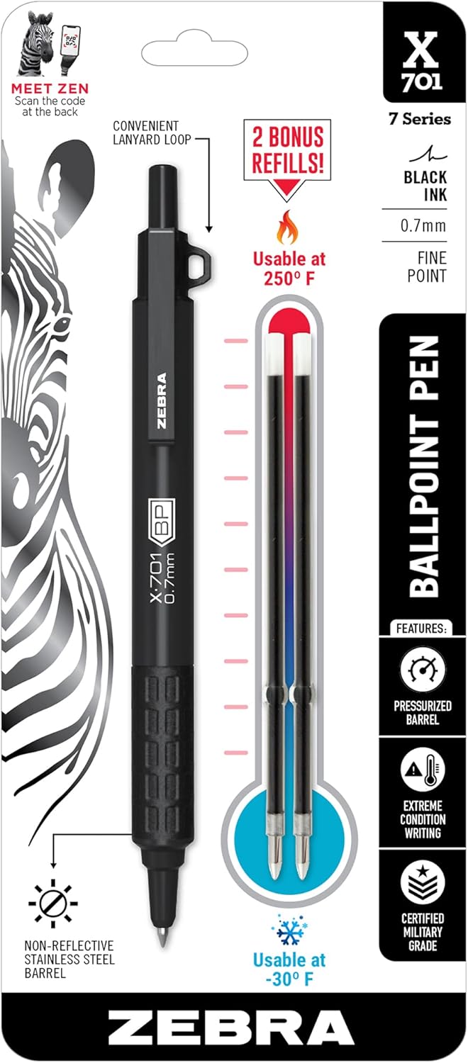 Zebra Pen, X-701 Tactical Ballpoint Pen, Writes in Extreme Conditions, Matte Black Stainless Steel, Refillable, Lanyard Loop, 0.7mm Black Ink, 1-Pack Plus 2 Bonus Refills, (29811)