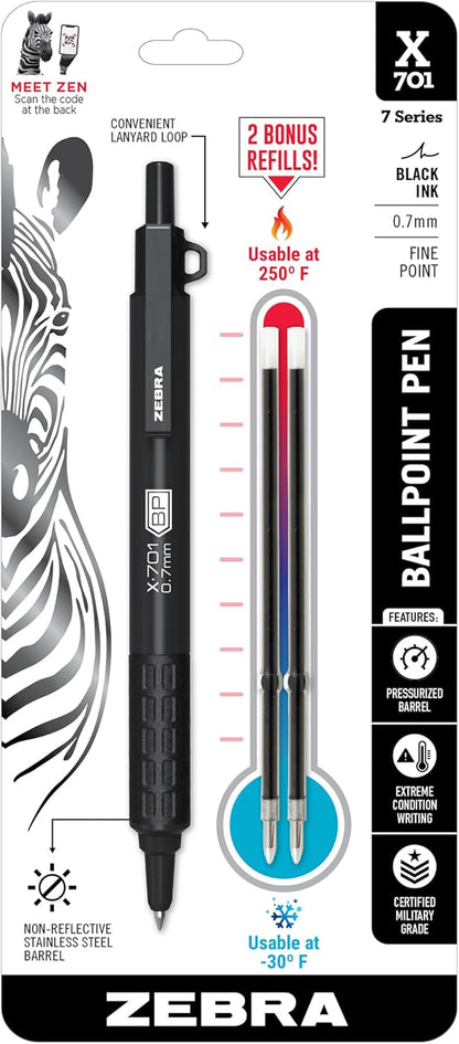 Zebra Pen, X-701 Tactical Ballpoint Pen, Writes in Extreme Conditions, Matte Black Stainless Steel, Refillable, Lanyard Loop, 0.7mm Black Ink, 1-Pack Plus 2 Bonus Refills, (29811)