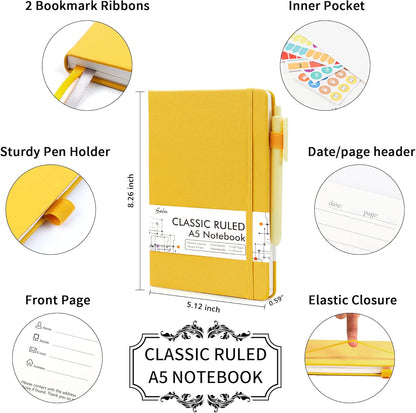 feela College Ruled Notebooks, 24 Pack Business Notebook Hardcover Lined Writing Journal with Pen Holder for Men Women Note Taking, with 24 Black Pens, 120 GSM, 5.1”x8.3”, A5, White