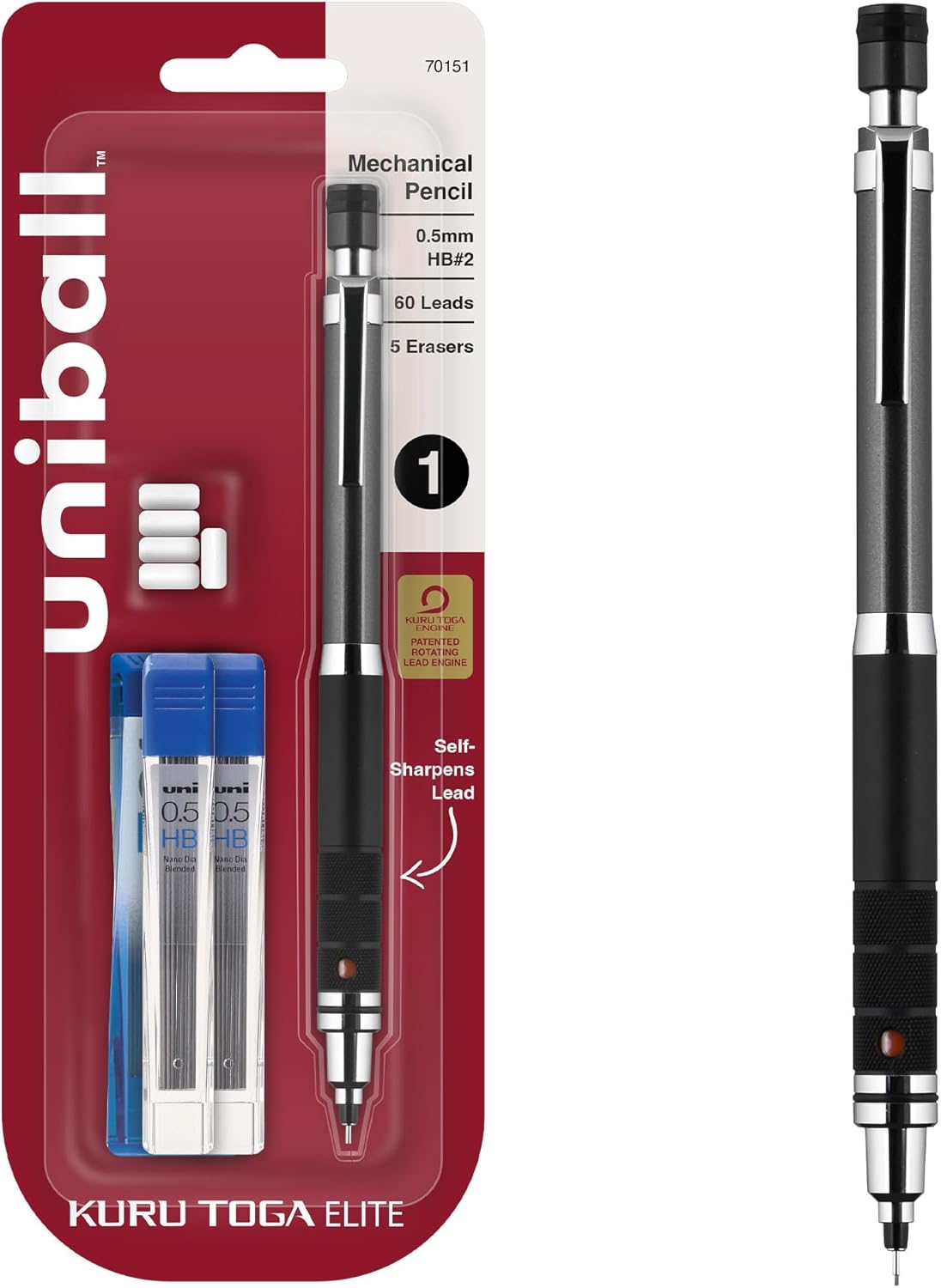 uniball Kuru Toga Elite Mechanical Pencil Starter Kit, 0.5mm, HB #2, Silver Barrel, 1 Pack