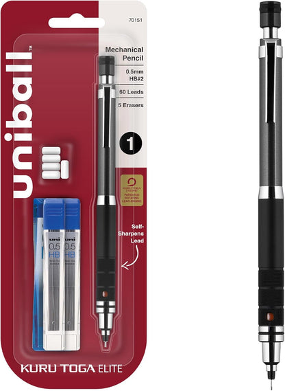 uniball Kuru Toga Elite Mechanical Pencil Starter Kit, 0.5mm, HB #2, Silver Barrel, 1 Pack