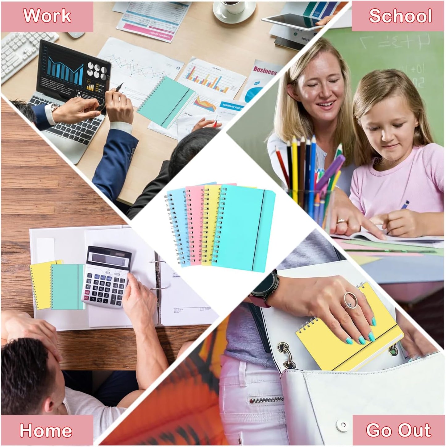 4 Pack Small Spiral Notebooks 3.5 x 5.5 in College Ruled, Mini Spiral Notebook, Waterproof 80 Sheets/160 Pages, Pocket Notebook with 120 Pcs Sticky Index Tabs for Home Office College School