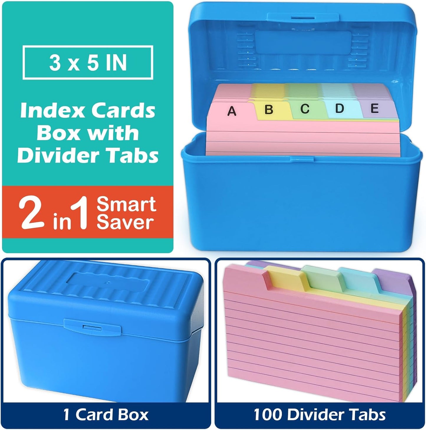 Olivo 4x6 Index Card Holder Box with 100 Cards Dividers Tabs 4"x 6", Blue