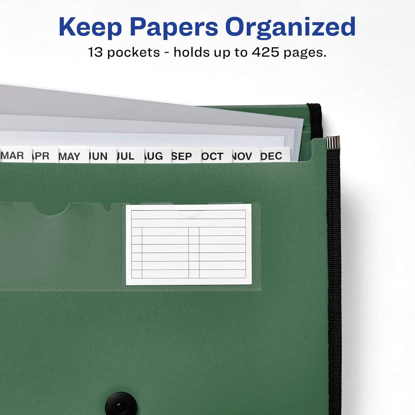 Avery Expanding File Folder Organizer, 13-Pocket Accordion File Organizer, Sage, Holds 425 Letter/A4-Size Sheets (73555)