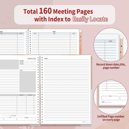 SUNEE Half Meeting Half Note - 7.5"x10" Professional Notebooks for Work - 160 Pages, B5 Size Project Planner, Spiral Meeting Agenda/Minutes Organizer for Women Men, Note Taking, Office & Business