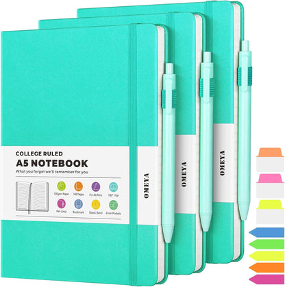 Lined Journal Notebook, 3 Pack A5 College Ruled Notebooks for Work, Hardcover Notebook Each with 2 Pockets & Pen, Leather Journal for Women, Men, 160 Pages, 100GSM Thick Paper (Black, Brown, Grey)
