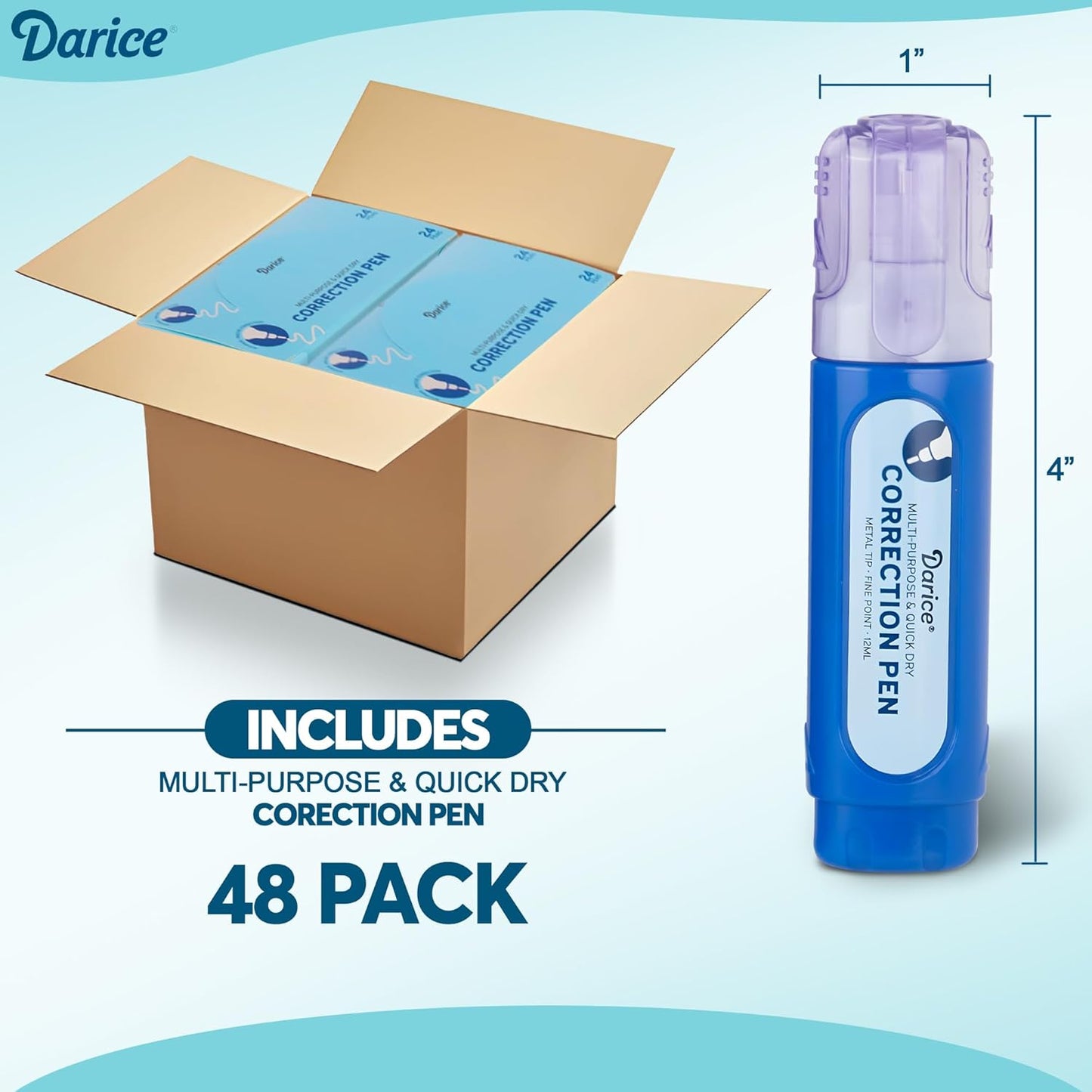 Darice Liquid Correction Pen Box of 24 - Multi-Purpose Liquid White Out Pen with Metal Tip for School, Office & Home