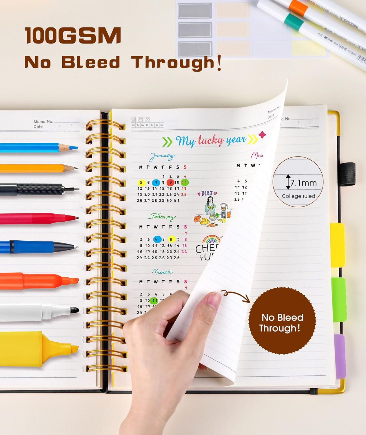 Hardcover Spiral Notebook Journal with Removable Dividers Tabs, 300 Pages Leather 5 Subject Notebook College Ruled, 8"x10" Large B5 Notebooks for Work School Note taking, Lined Journal for Women, Pink