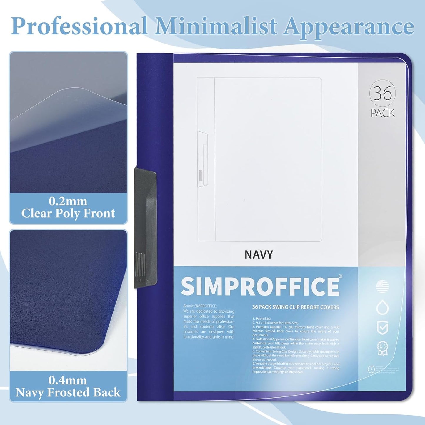 36 Pack Swing Clip Report Covers, Plastic Presentation Folders with Clip for Professional Use, Clear Front and Navy Blue Frosted Back, 9 x 11.4 Inches for Letter Size