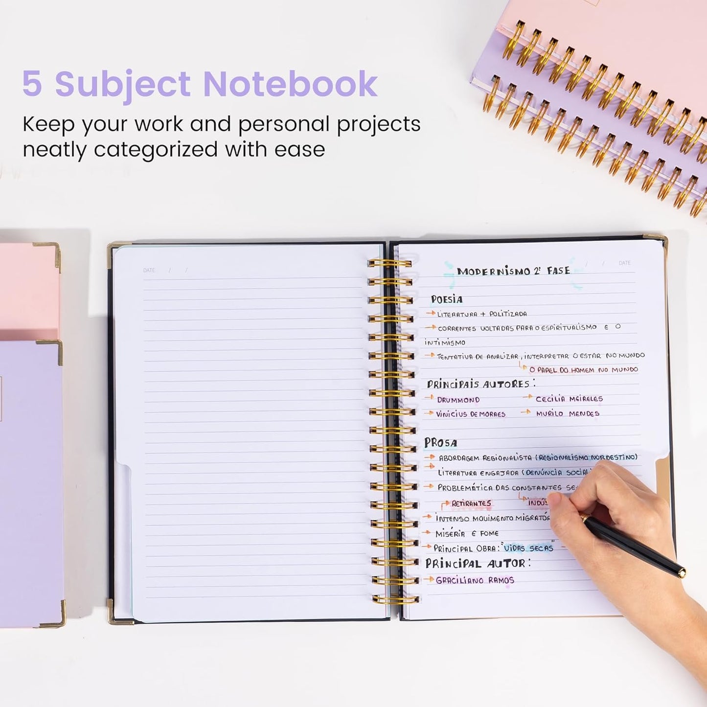 Hardcover Spiral Notebook with Tabs 8"x10" Large Spiral Lined Journals for Women with Dividers 240 Pages College Ruled Composition Notebook 5 Subject Notebook for Work, Back to School, Gifts, Purple