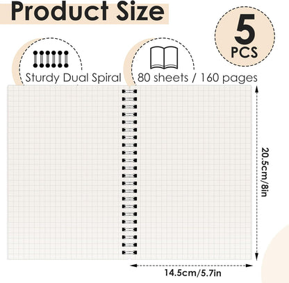 A5 Graph Paper Notebook, 5 Pack Spiral Grid Notebooks, 5.7"x 8" Graph Paper Spiral Notebook, Flexible Plastic Cover, 80 Sheets/160 Pages, for School Office Students Writing Graphing