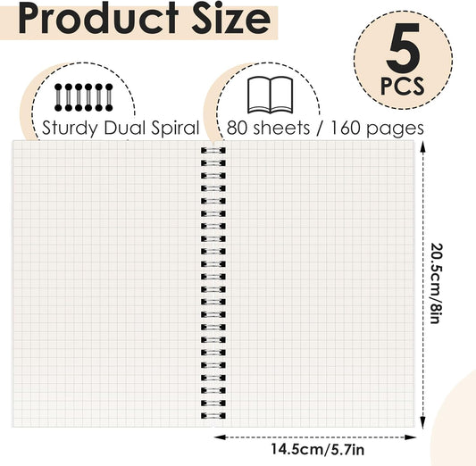 A5 Graph Paper Notebook, 5 Pack Spiral Grid Notebooks, 5.7"x 8" Graph Paper Spiral Notebook, Flexible Plastic Cover, 80 Sheets/160 Pages, for School Office Students Writing Graphing