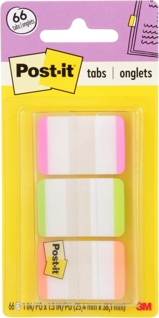 Post-it Sticky Tabs, 1 in. x 1.5 in., 3 Pads of Book Tabs in Assorted Bright Colors for Bookmarking, Annotating, Reading, and Reminders, Orange, Green, and Pink Colors (66 Total Count)