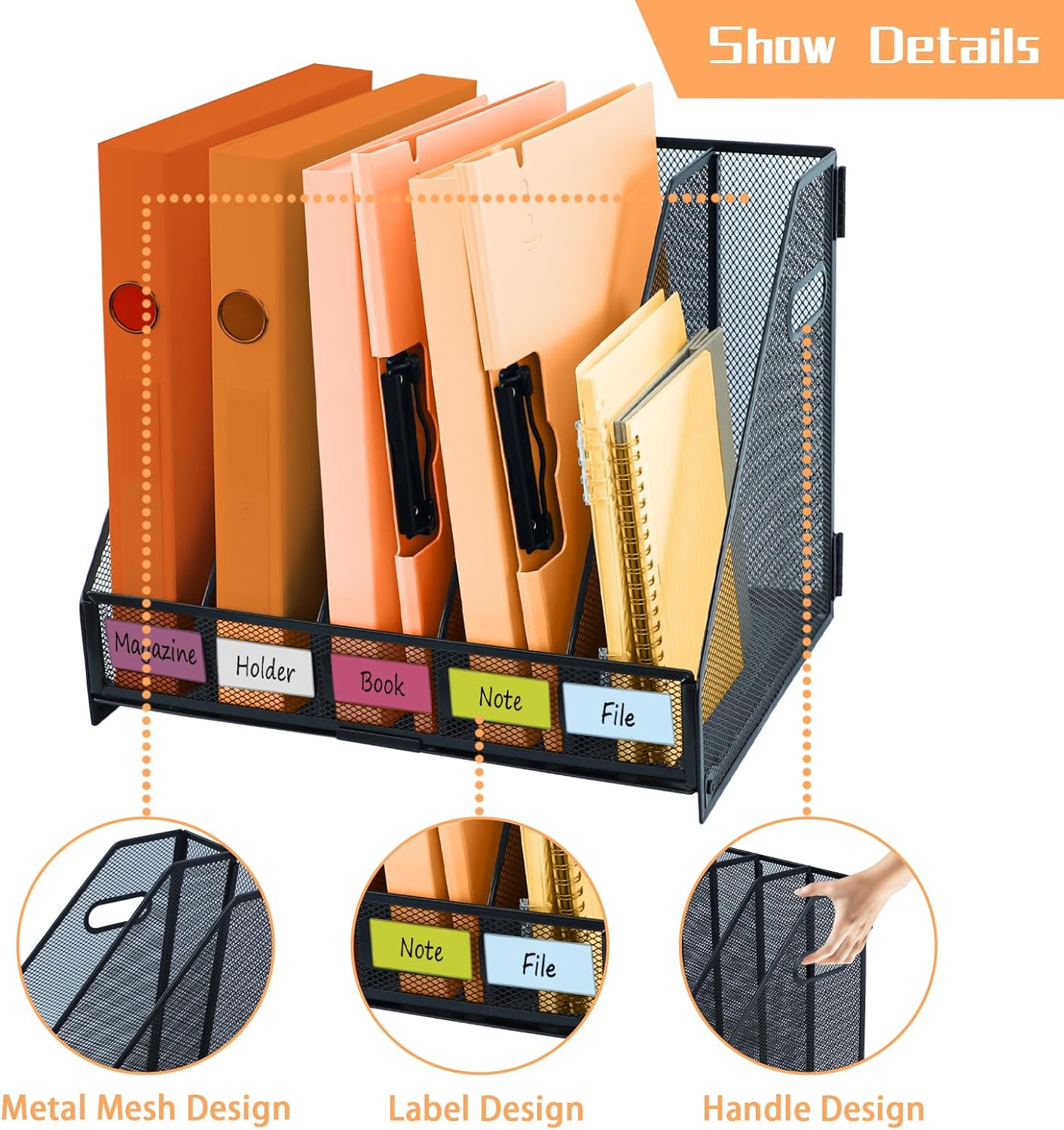Magazine file holder for desk with 5 Vertical Compartments Folder Storage Binder Organizer for Office Home School Organization, Black