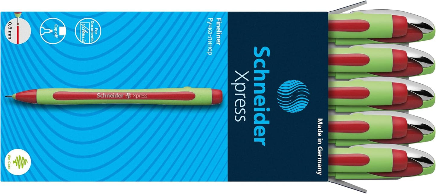 Schneider Xpress Premium Fineliner, 0.8 mm Porous Point, Light Green Barrel, Blue Ink, Box of 10 Pens (190003)