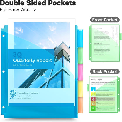 Dunwell 5-Tab Dividers with Pocket for 3-Ring Binders (3 Sets, 15 Count), Plastic One Pocket Dividers with Tabs, Slash File Jackets 3 Hole Punched for 8.5x11 Paper, Poly Pocket Notebook Dividers