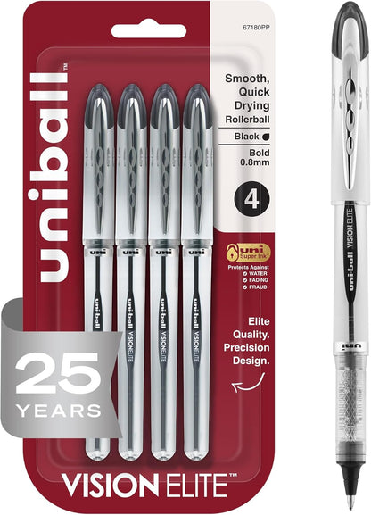 uniball Vision Elite Rollerball Pens, Bold Point (0.8mm), Black, 4 Pack