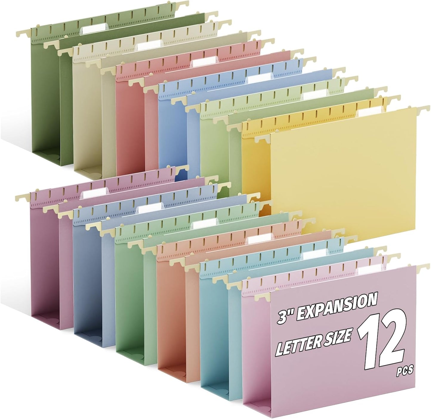 Ansook 12 Pack Hanging File Folders, Plastic Letter Size File Folders Hanging with Tabs, Heavy Duty 1 Inch Expansion, Pastel Hanging Organizers for Filing Cabinet, Home Office School Document Storage