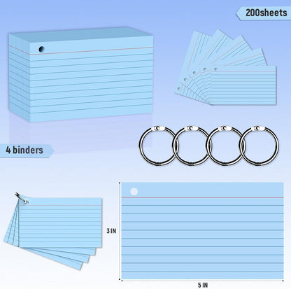 200 Count 3 x 5 Inch Purple Index Cards with Binder Rings, Lined & Blank Study Cards, Thick Cardstock Flash Cards for Students & Teachers, Color-Coded Notecards for School, Home, Work