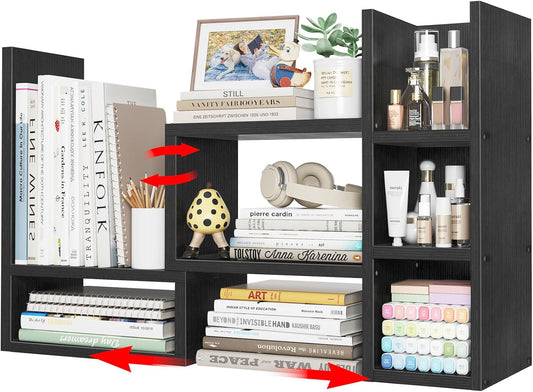 NUTIKAS Desk Shelves Desktop Organizer Shlef - Natural Wood Tone Office Organization for Top of Desk Organizers and Accessories Corner Bookshelf Table Top Shelving Small Hutch Decorations for Office