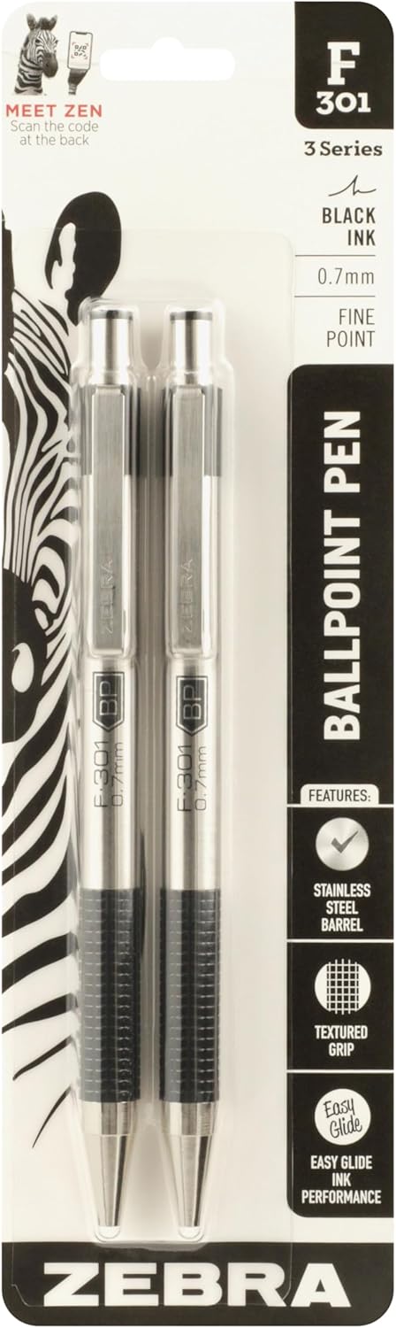 Zebra Pen F-301 Ballpoint Black, Blue, Red and Green Ink, Fine Point 0.7mm Pen, Easy-Glide Ink, Stainless Steel Retractable, Non-Slip Grip, Professional Design, Ideal for Office, 4-Pack (27174)