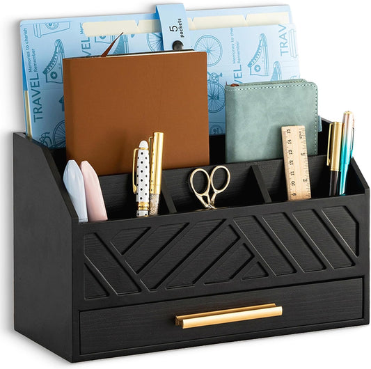 dreampossible Brown Wood Desk Organizer and Accessories with Drawer, Bill Mail Organizer and File Mail Holder for Office Supplies, Modern Desk Accessories & Workspace Organizers for Desk Organization