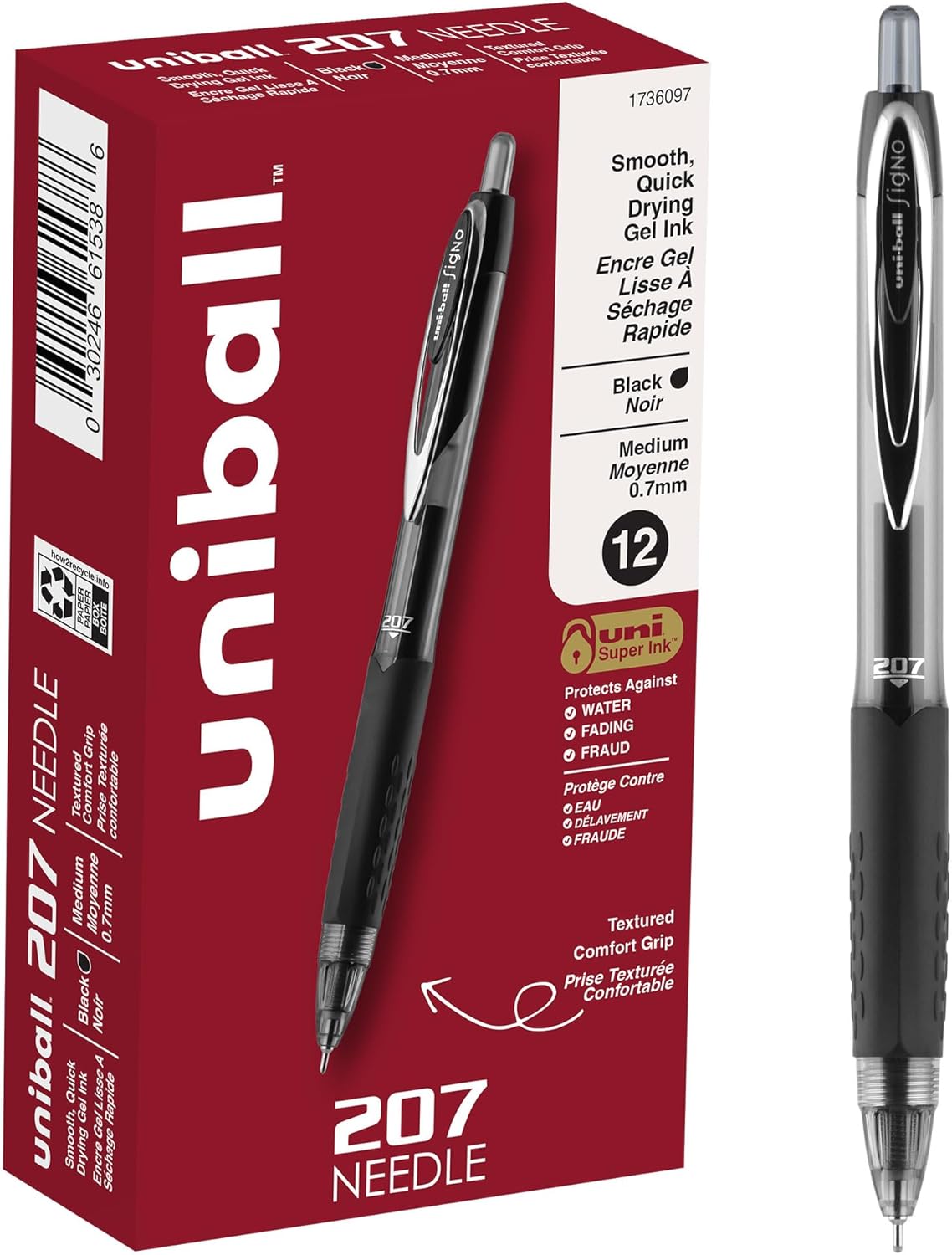 uniball 207 Plus+ Retractable Gel Pens, Medium Point (0.7mm), Black, 4 Pack