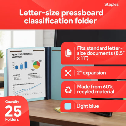 Staples® 60% Recycled Pressboard Classification Folder, 2" Expansion, Letter Size, Blue, 25/Box (ST384868/384868)