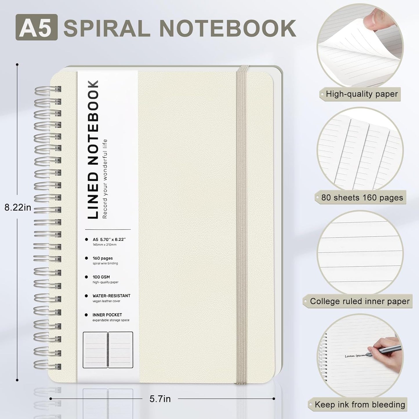 ABERLLS Lined Spiral Journal Notebook with 160 Pages, 8×5.7in, A5 Spiral Notebook, Journaling Notebooks for Work, School, Women, Men, College Ruled Spiral Notebook, Hardcover Leather Journals, Blue