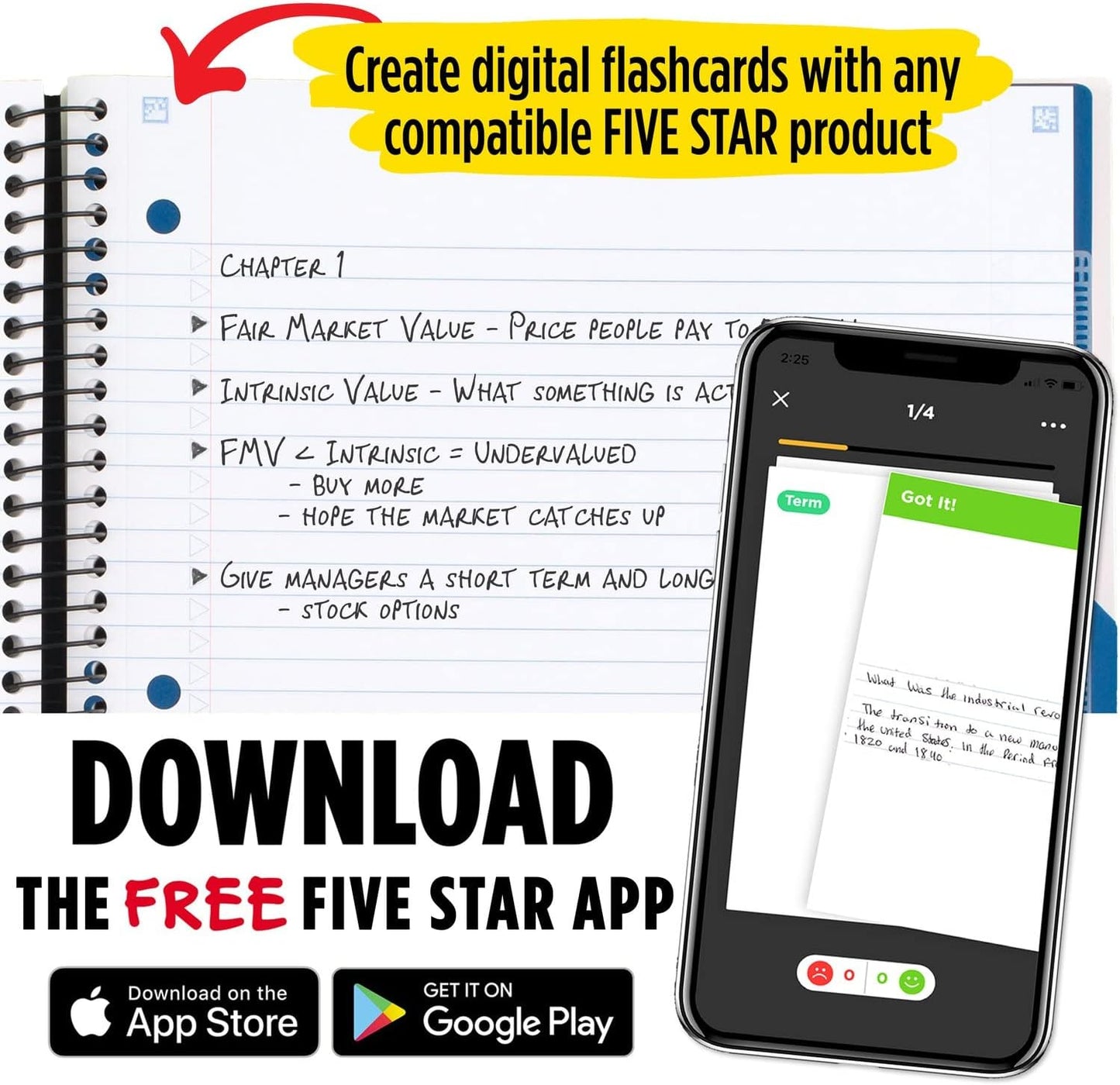 Five Star Advance Spiral Notebook + Study App, 5 Subject, College Ruled Paper, 8-1/2" x 11", 200 Sheets, Spiral Guard, Movable Tabbed Dividers, Black (73144)