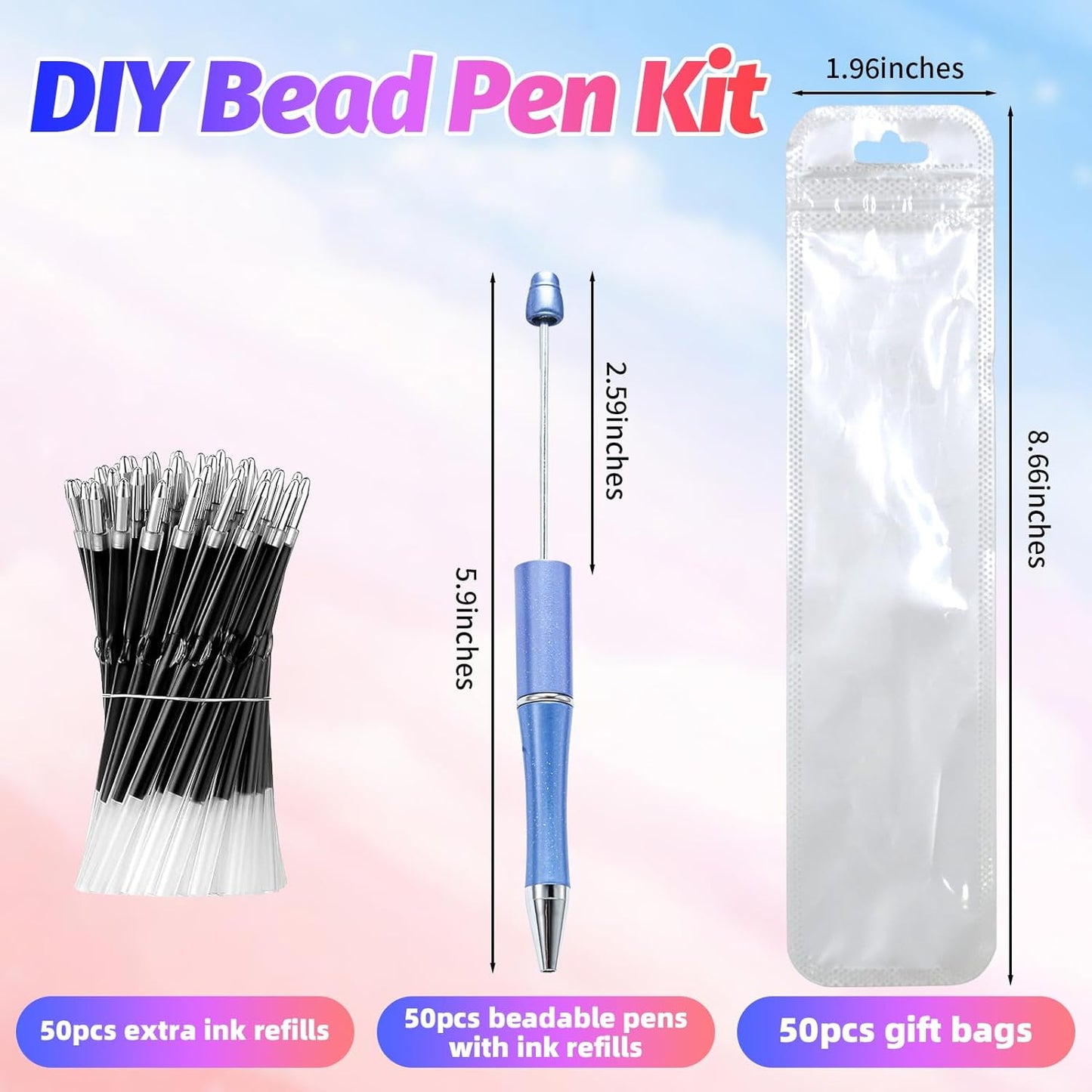 150 Pieces DIY Beadable Pen Kit – 50 Plastic Ballpoint Pens with Refills & Bags, Beads Not Included – School Supplies, Office Accessories & Craft Gifts for Students & Teachers (Multicolor)