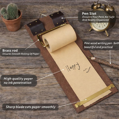 Retro Wall Mounted Memo Board with 1 Natural Dark Green Roll – Rustic Clipboard Notepad, Tearable Writing Pad for Notes, Menu, Kitchen, Café and Home Office Decoration
