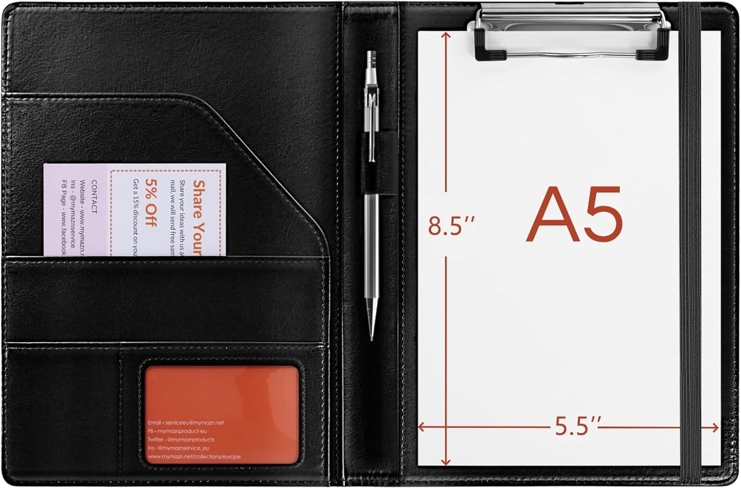 Small Clipboard Junior Padfolio Folio 7 x 9 Writing Pad Refillable, Mymazn Faux Leather Folder A5 for Notepad 5 x 8 Junior Size Portfolio (Black)