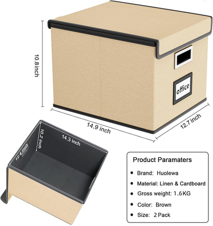 Huolewa Upgraded Portable File Organizer Box with Lid, Collapsible Linen Hanging Filing Storage Boxes with Plastic Slides, Decorative Home/Office Filing System Box for File and Folders Storage (Gray)