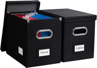 PRANDOM File Organizer Box - Collapsible Decorative Linen Filing Storage with Lids for Letter Size - Grey (14x9.3x10.8 inch)