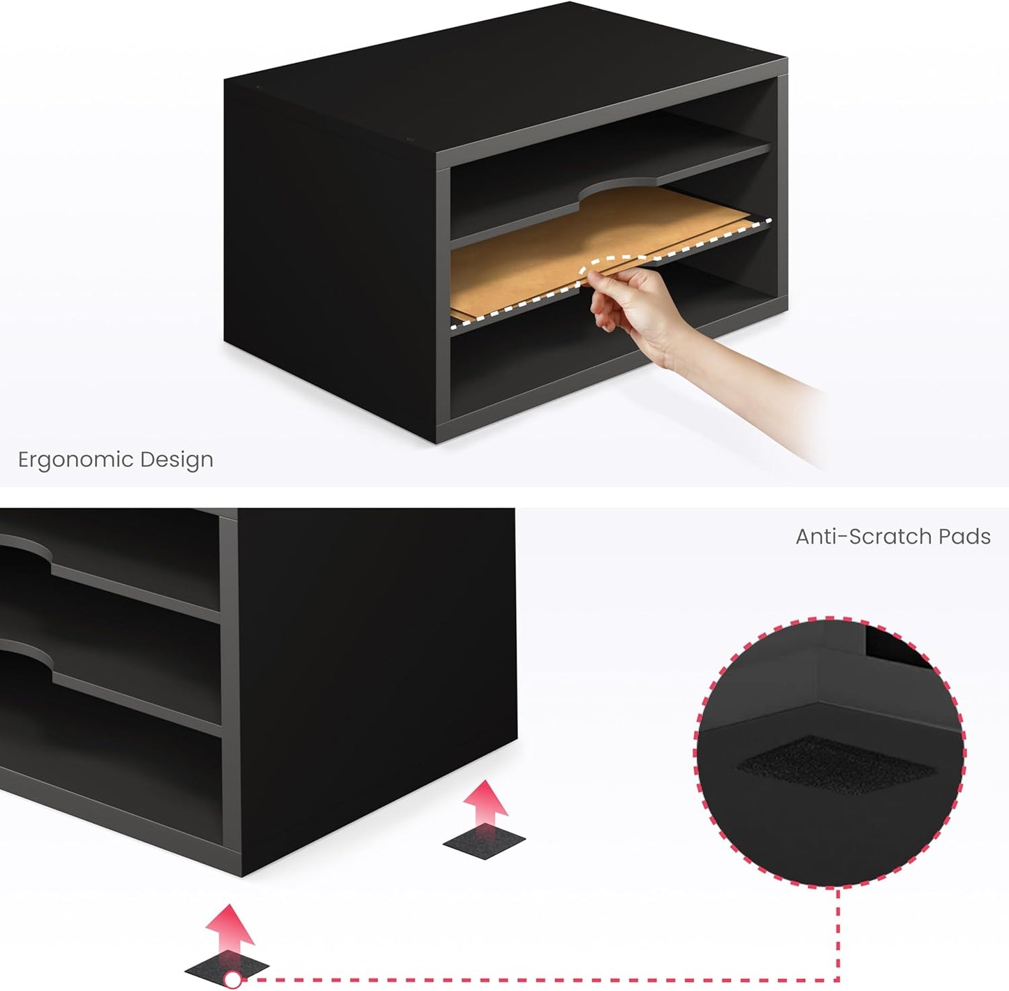 Ballucci File Organizer, 4-Tier Office Desk Organizer, Open Top Wood Paper Organizer for Classroom, Desktop Mail Sorter Paper Tray, Black