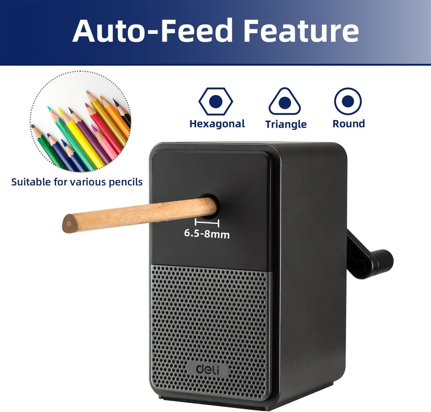 Deli Manual Pencil Sharpener - Auto-in Hand Crank with Adjustable Point for Colored Pencils, Kids, Students, Classroom, Home and Office, Brown
