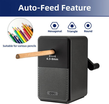 Deli Manual Pencil Sharpener - Auto-in Hand Crank with Adjustable Point for Colored Pencils, Kids, Students, Classroom, Home and Office, Brown